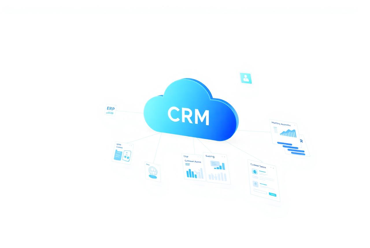 Diagrama de CRM em nuvem conectado a ERP, e-commerce, marketing e atendimento ao cliente