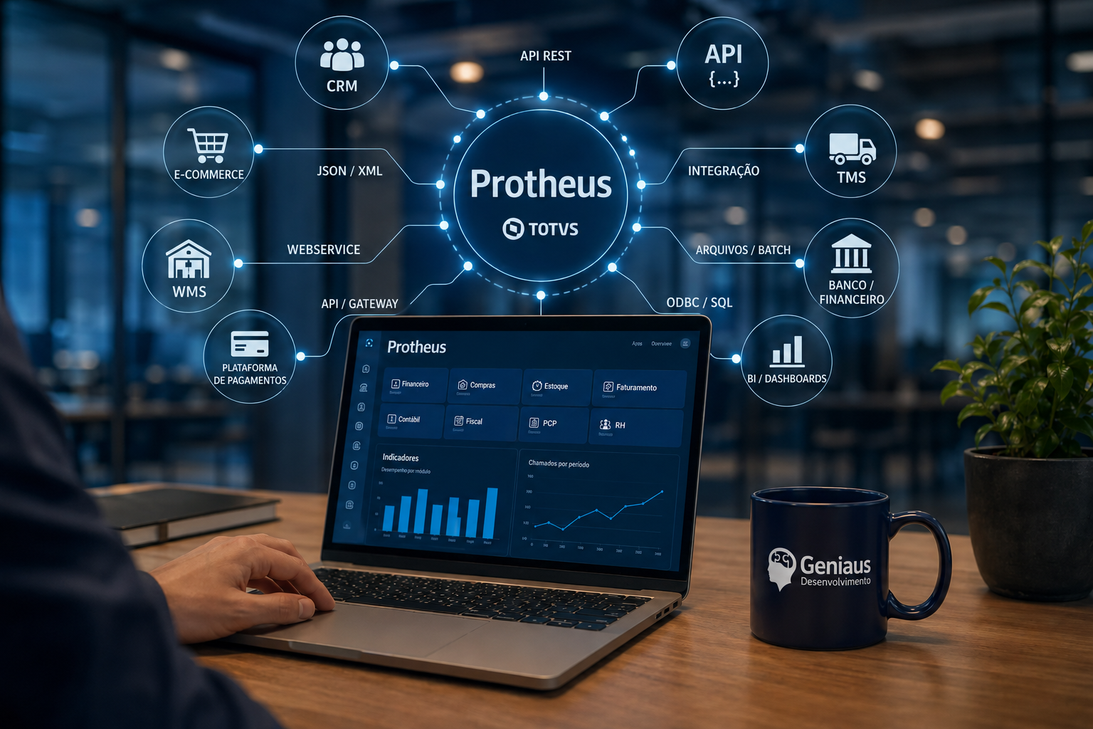 Protheus TOTVS integrado a CRM, e-commerce, WMS, TMS, BI e APIs em um notebook com dashboards