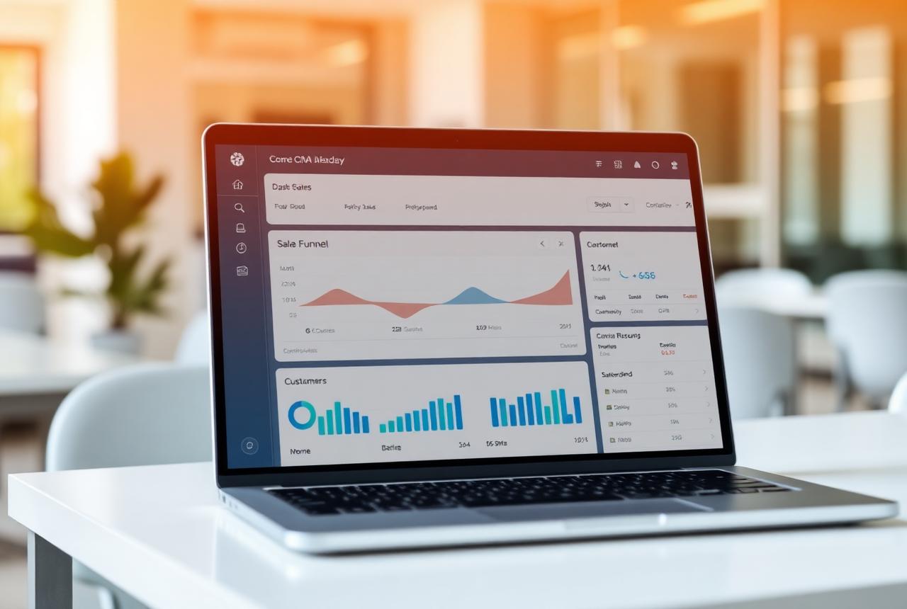 Painel de CRM com funil de vendas, gráficos e registros de clientes em um notebook